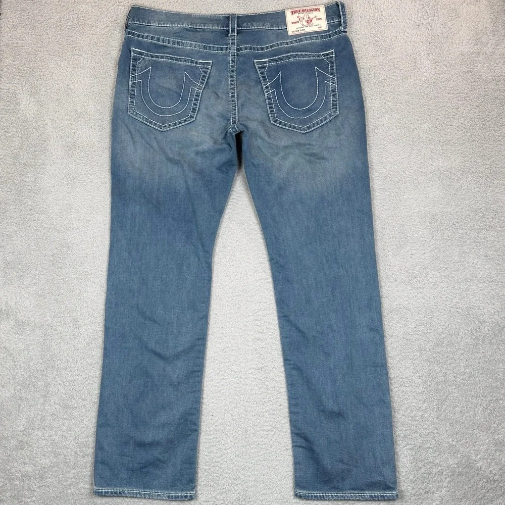 True Religion Section Slim Mens Jeans 40 Medium Wash White Contrast Stitch Blue